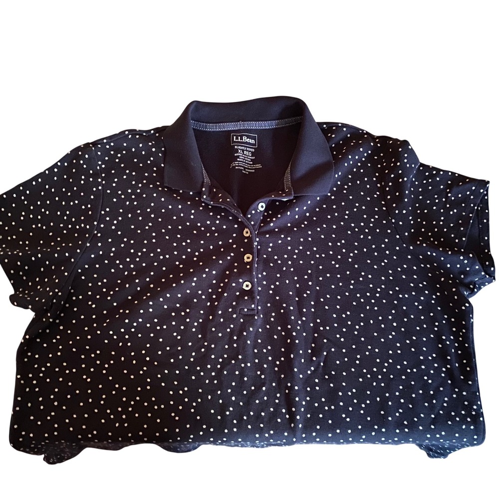 L.L. Bean Women's XL Navy Blue Polka Dot Cotton Pique Polo Shirt 506510 go off